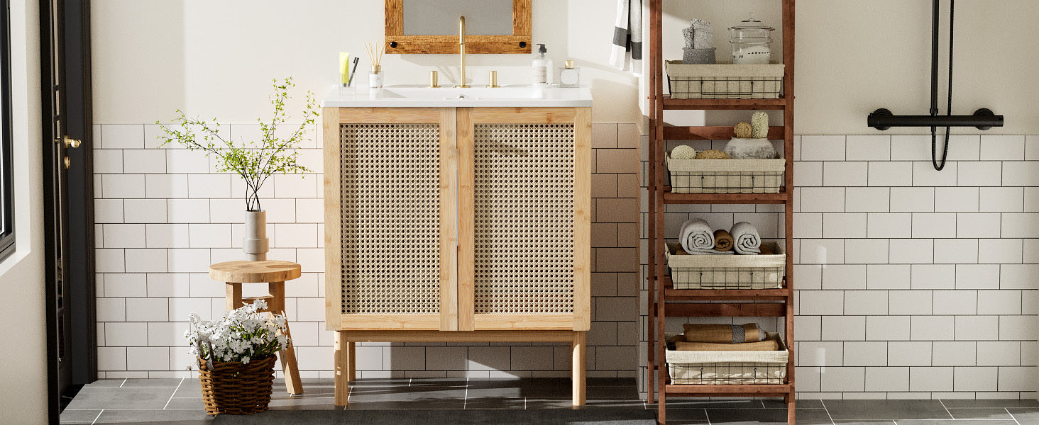 30-inch bathroom vanity crafted from natural materials, featuring handmade rattan doors and soft-closing mechanisms
