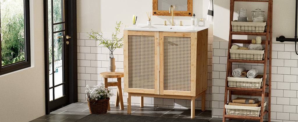 30-inch bathroom vanity crafted from natural materials, featuring handmade rattan doors and soft-closing mechanisms
