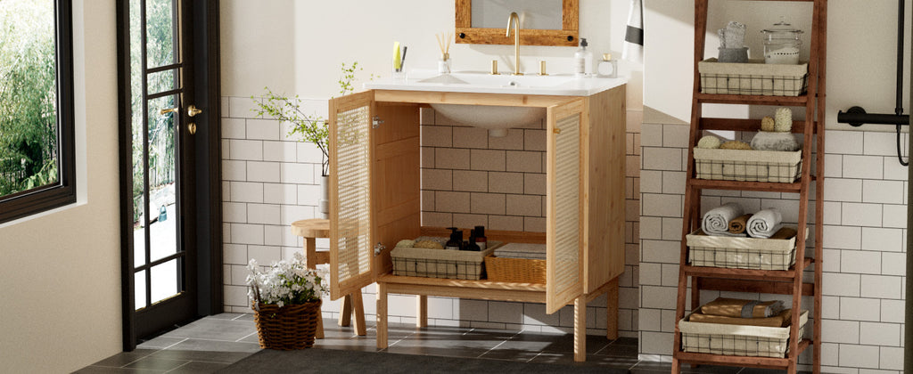 30-inch bathroom vanity crafted from natural materials, featuring handmade rattan doors and soft-closing mechanisms