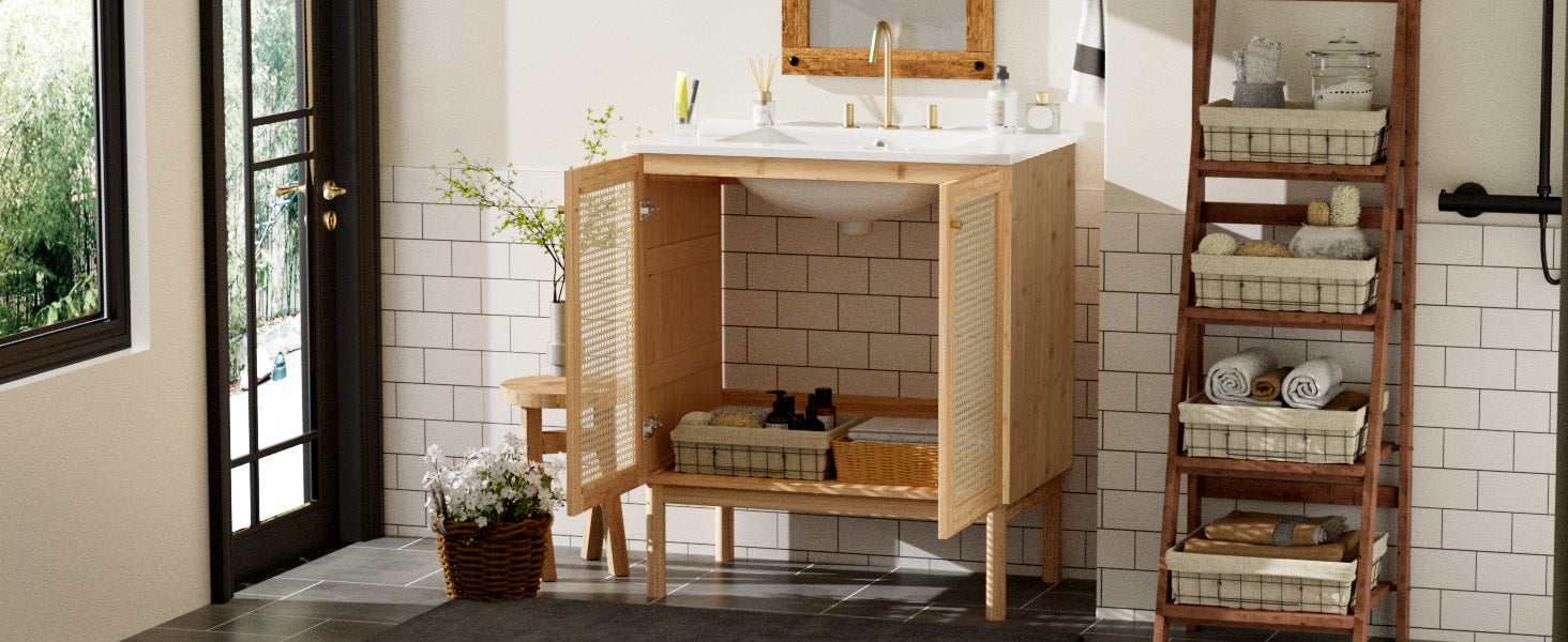 30-inch bathroom vanity crafted from natural materials, featuring handmade rattan doors and soft-closing mechanisms