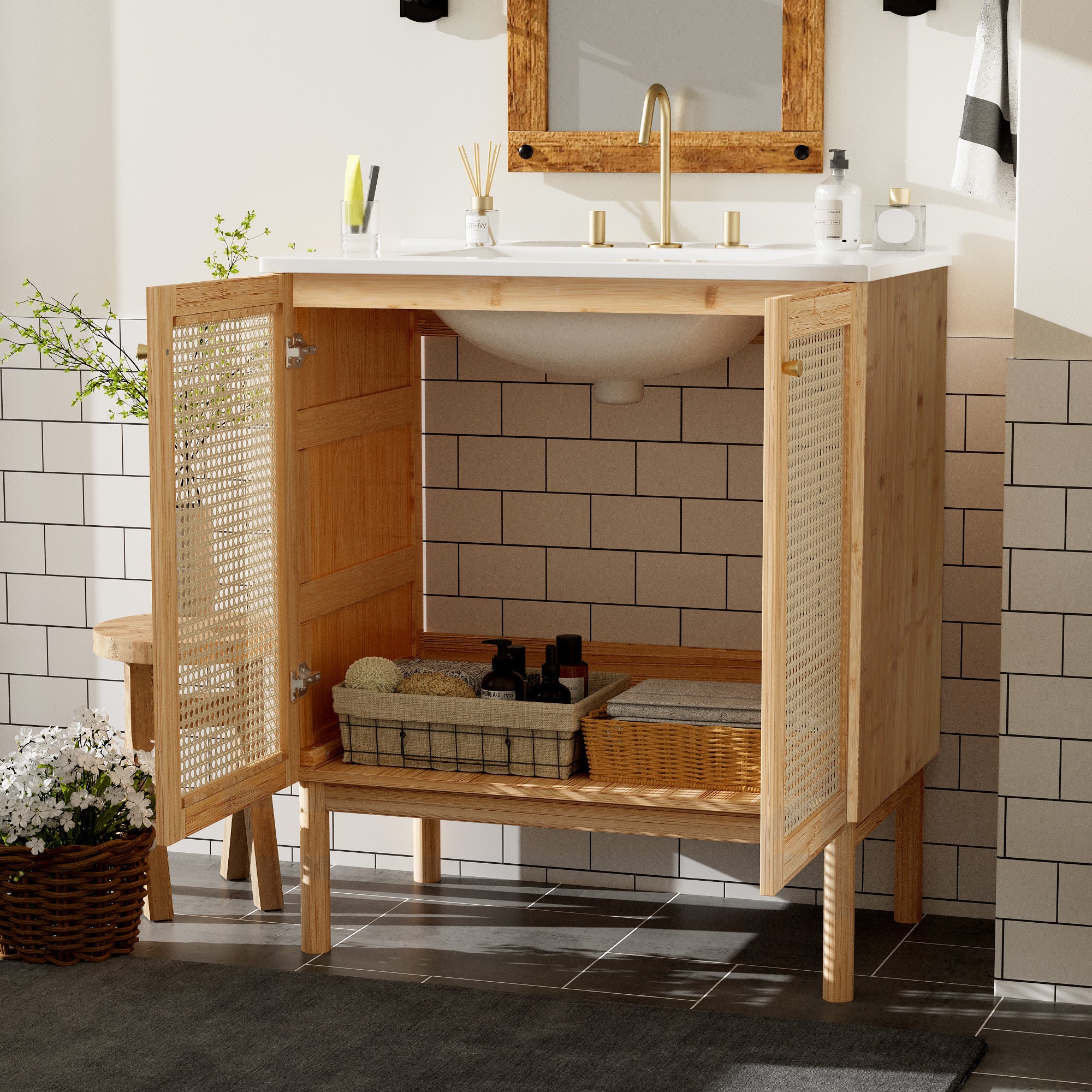 30-inch bathroom vanity crafted from natural materials, featuring handmade rattan doors and soft-closing mechanisms