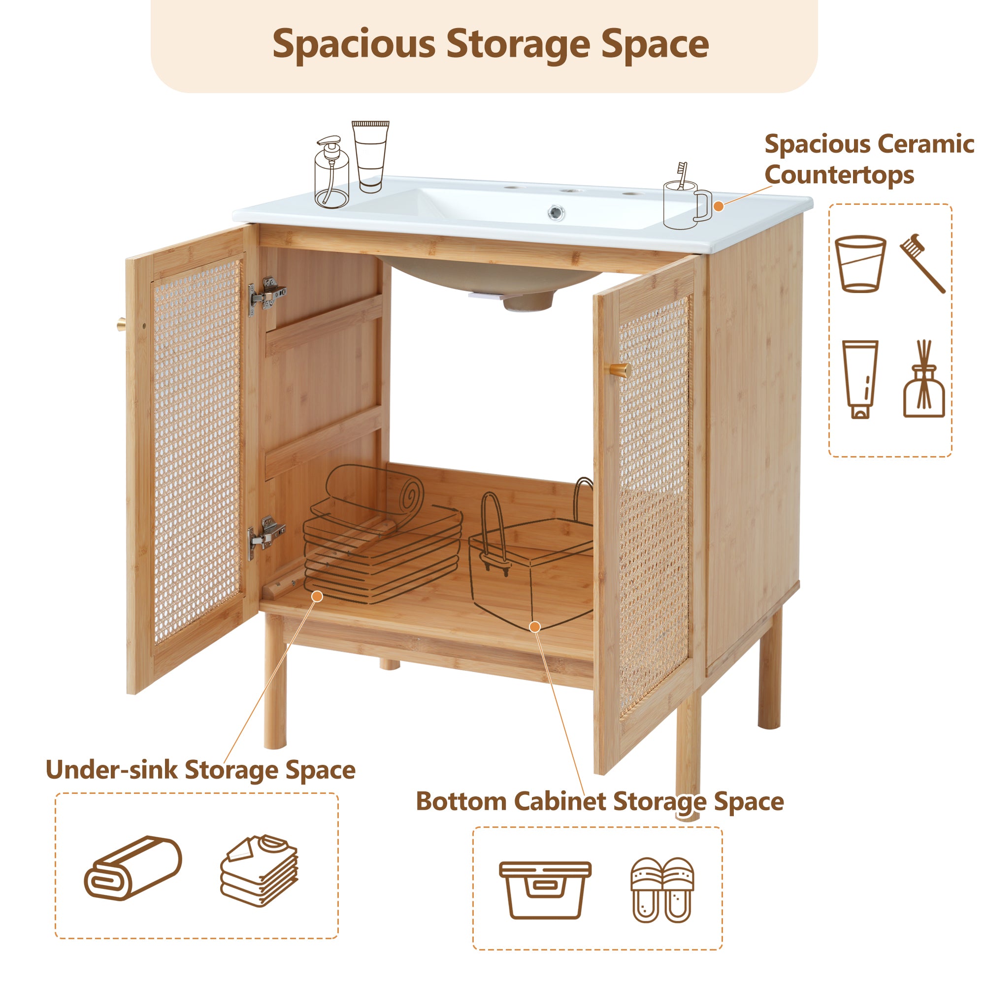 30-inch bathroom vanity crafted from natural materials, featuring handmade rattan doors and soft-closing mechanisms
