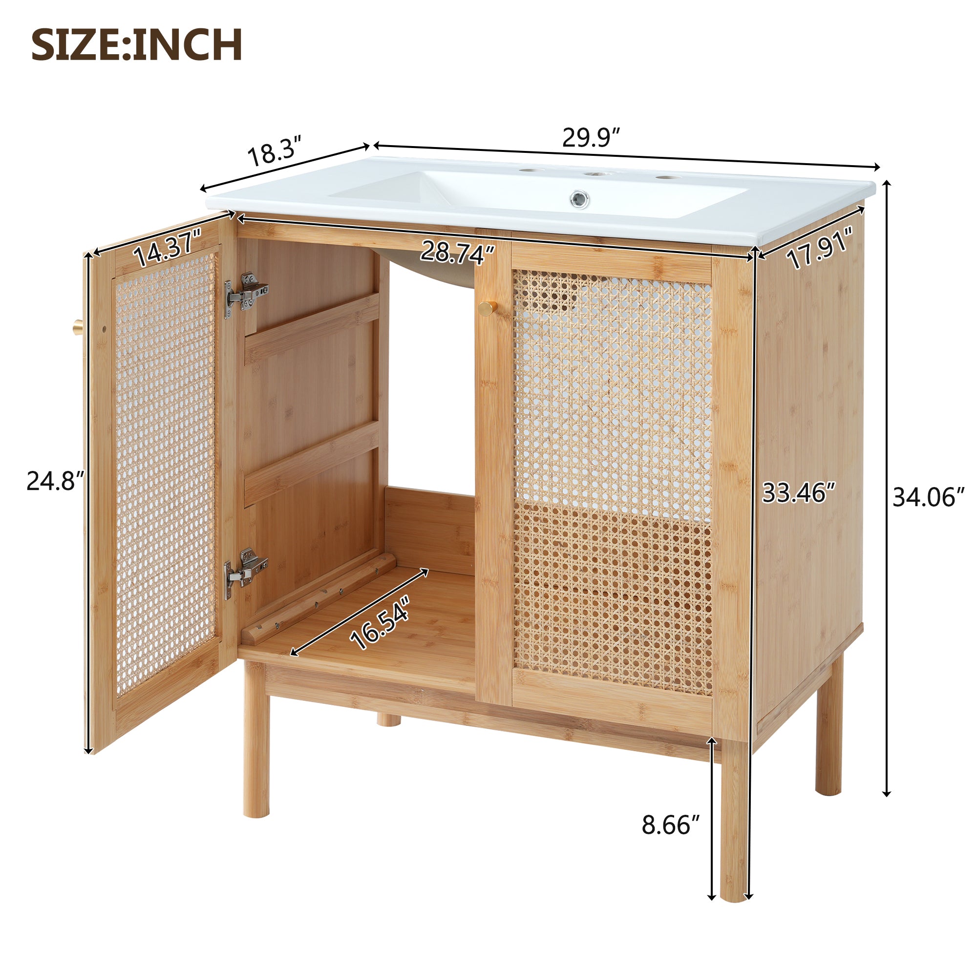 30-inch bathroom vanity crafted from natural materials, featuring handmade rattan doors and soft-closing mechanisms