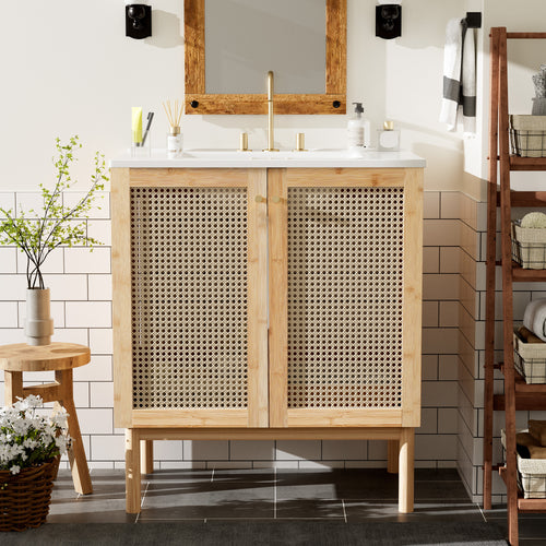 Elegant 30-Inch Wood Bathroom Vanity With Rattan Doors.