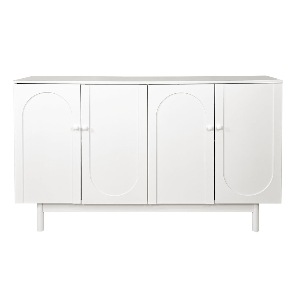 Stylish and Functional 4-Door Intaglio Storage Cabinet with Pine Legs, Solid Wood Pulls and MDF, for Living Room Bedroom,and Kitchen,White