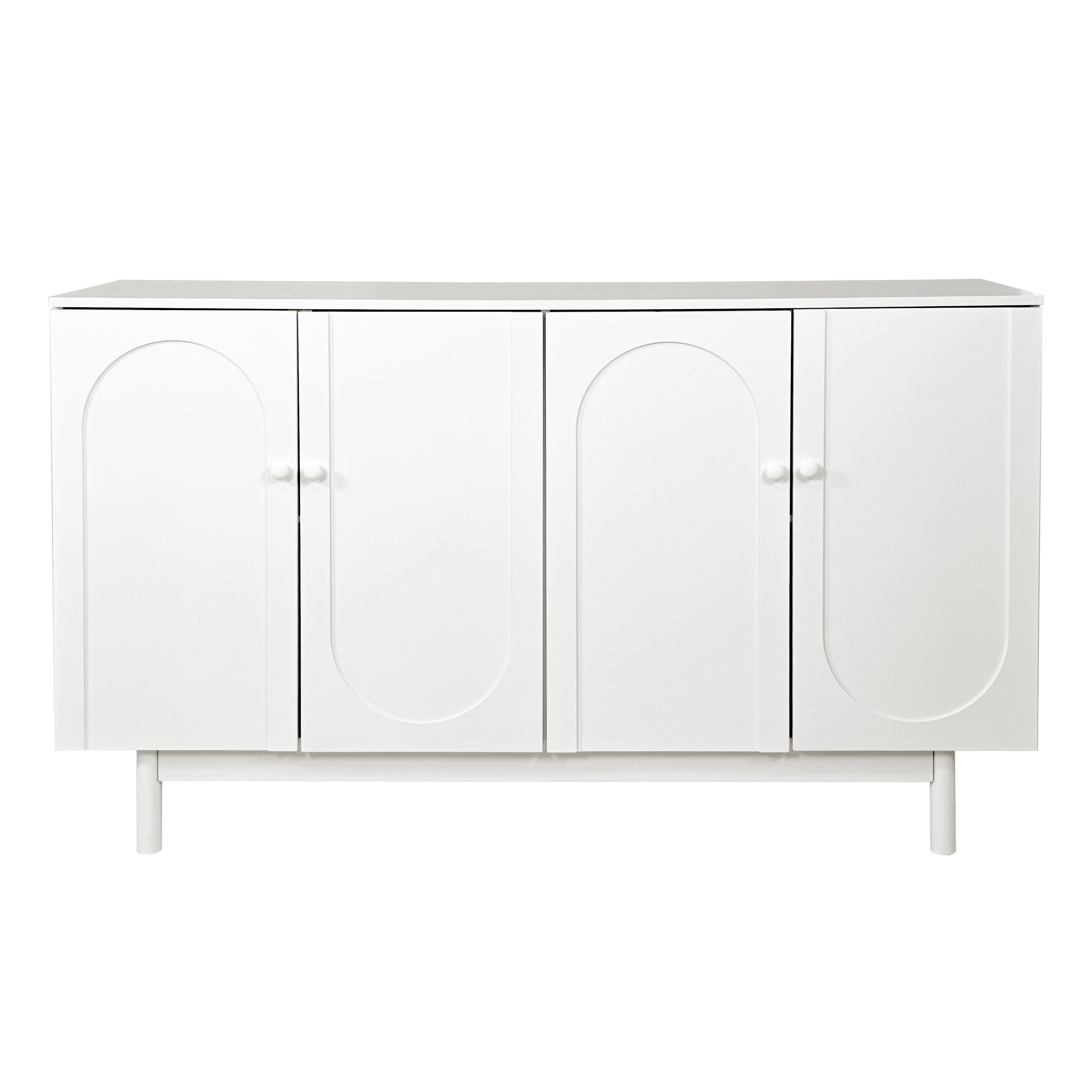Stylish and Functional 4-Door Intaglio Storage Cabinet with Pine Legs, Solid Wood Pulls and MDF, for Living Room Bedroom,and Kitchen,White