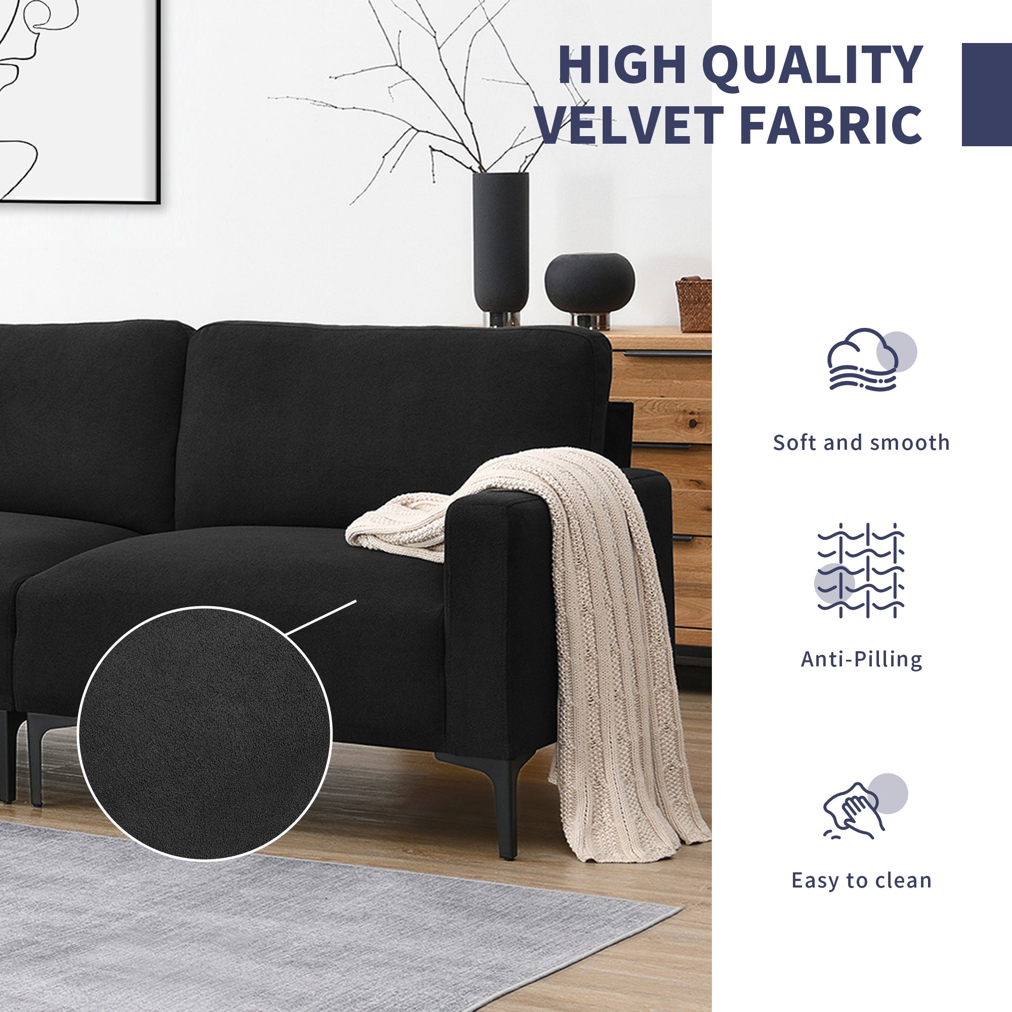 Modern Velvet L-Shaped Sectional Sofa, 4-Seater, Convertible Ottoman, Freely Combinable Sofa