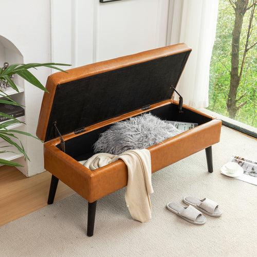 Elegant 43.3-Inch Brown Leather Storage Bench for Bedroom.