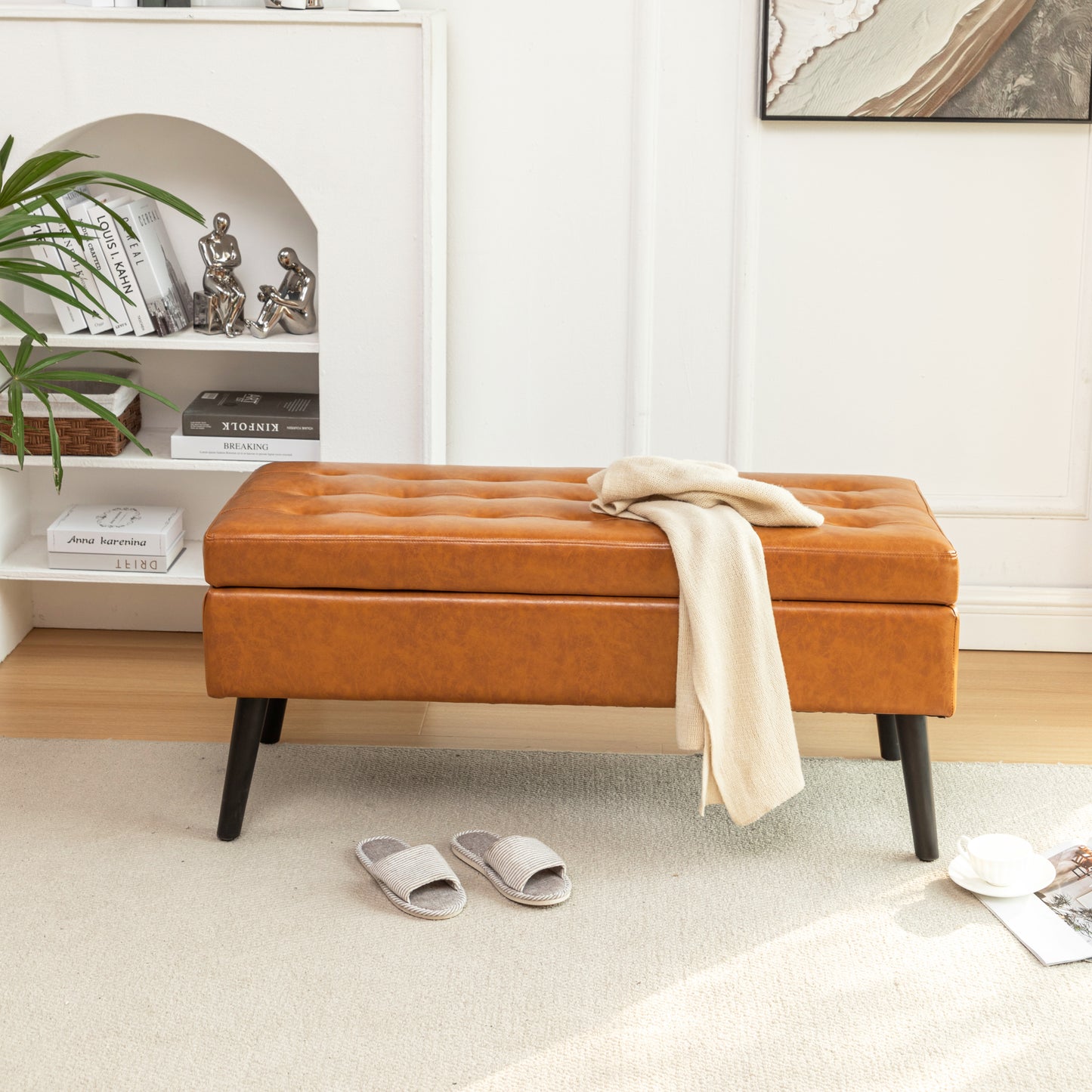 Storage Bench with Storage Bench for Bedroom End of Bed Bench Foot of Bed Bench Entryway Bench Storage Ottoman Bench 43.3" W x 17.7" Brown Leather Bench