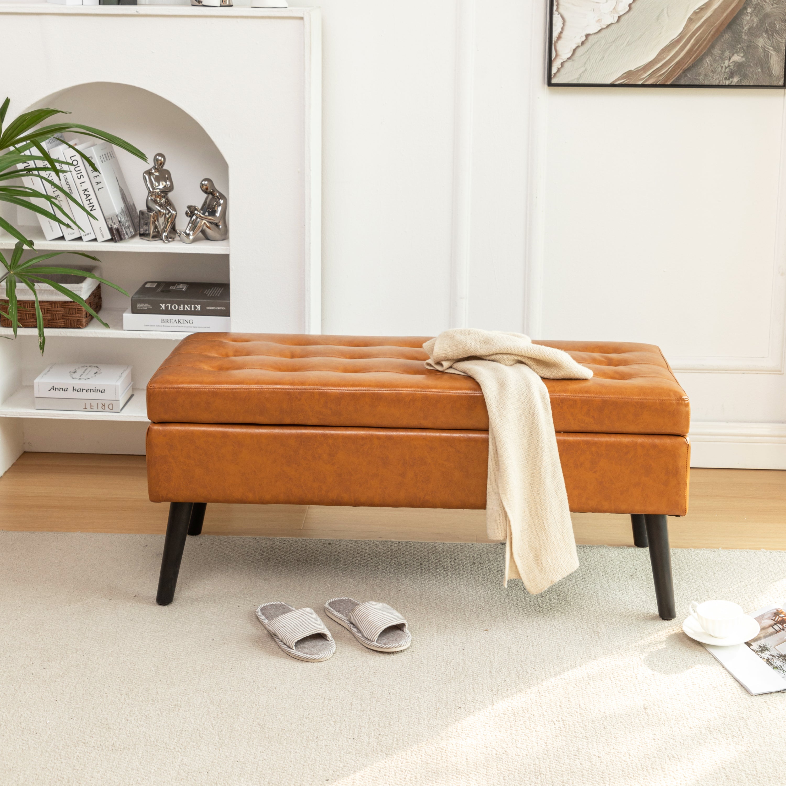 Storage Bench with Storage Bench for Bedroom End of Bed Bench Foot of Bed Bench Entryway Bench Storage Ottoman Bench 43.3" W x 17.7" Brown Leather Bench