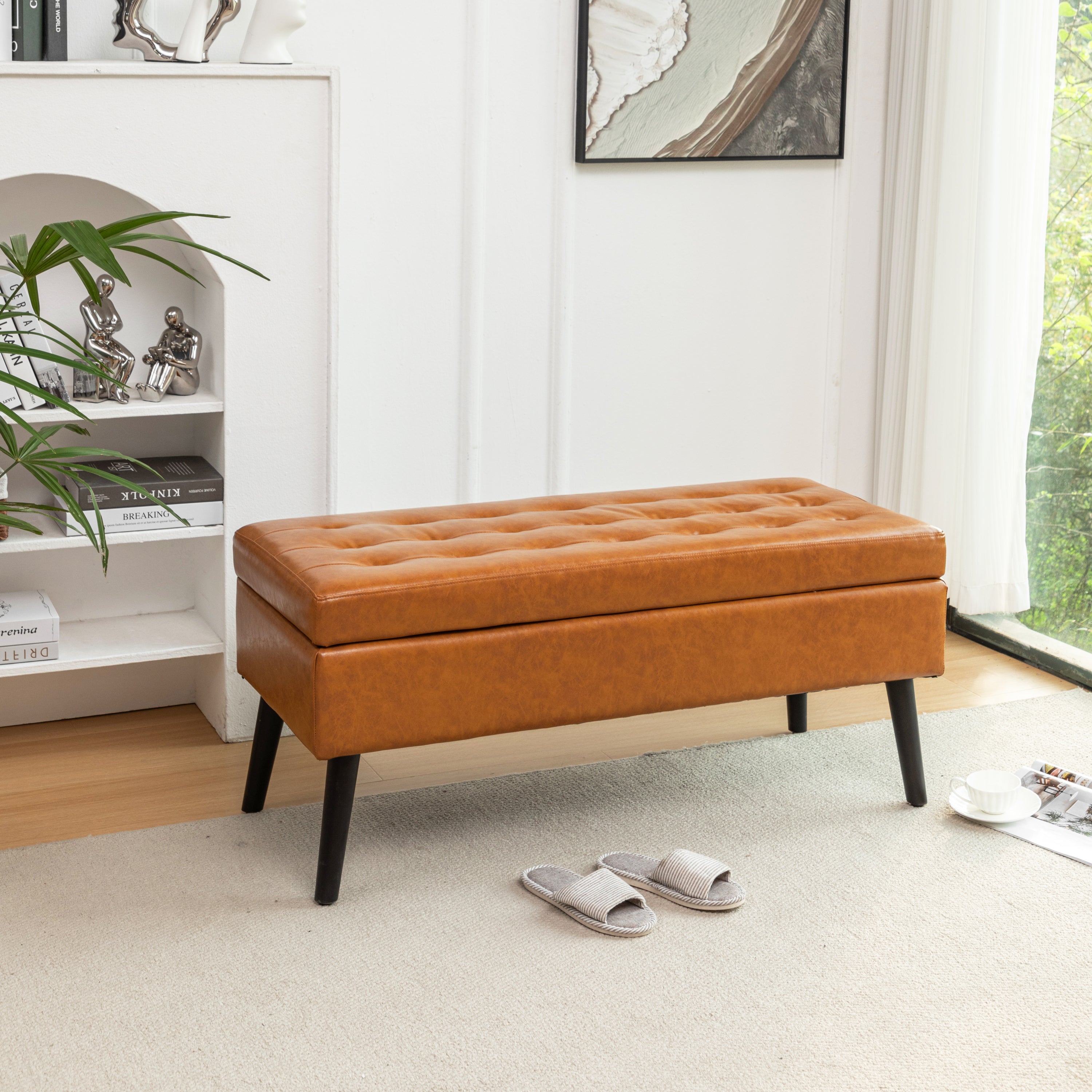Storage Bench with Storage Bench for Bedroom End of Bed Bench Foot of Bed Bench Entryway Bench Storage Ottoman Bench 43.3" W x 17.7" Brown Leather Bench