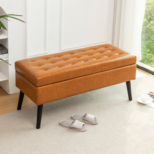 Elegant 43.3-Inch Brown Leather Storage Bench for Bedroom.