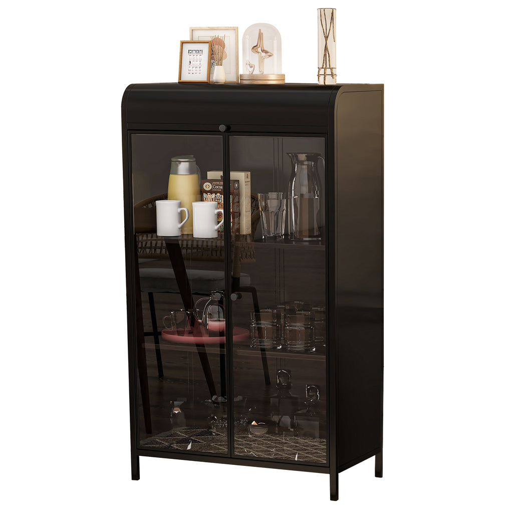 47.6' Tall Metal Storage Cabinet with Glass Doors & Flip-Top, 4-Tier Display Cabinet with Open Shelves, Freestanding Steel Sideboard Buffet for Kitchen, Living Room, Home Office, Dining Room, Bathroom