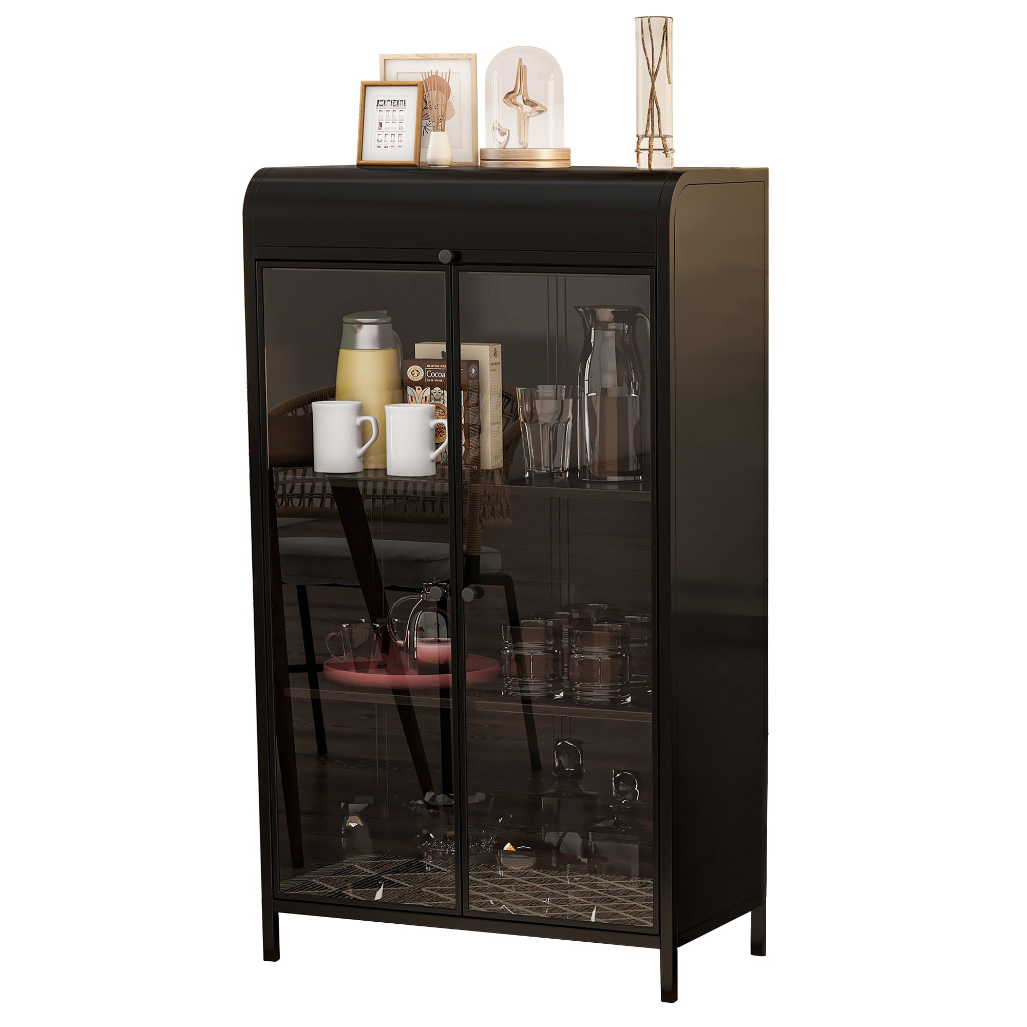 47.6' Tall Metal Storage Cabinet with Glass Doors & Flip-Top, 4-Tier Display Cabinet with Open Shelves, Freestanding Steel Sideboard Buffet for Kitchen, Living Room, Home Office, Dining Room, Bathroom