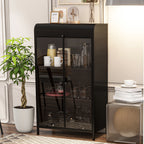 47.6' Tall Metal Storage Cabinet with Glass Doors & Flip-Top, 4-Tier Display Cabinet with Open Shelves, Freestanding Steel Sideboard Buffet for Kitchen, Living Room, Home Office, Dining Room, Bathroom