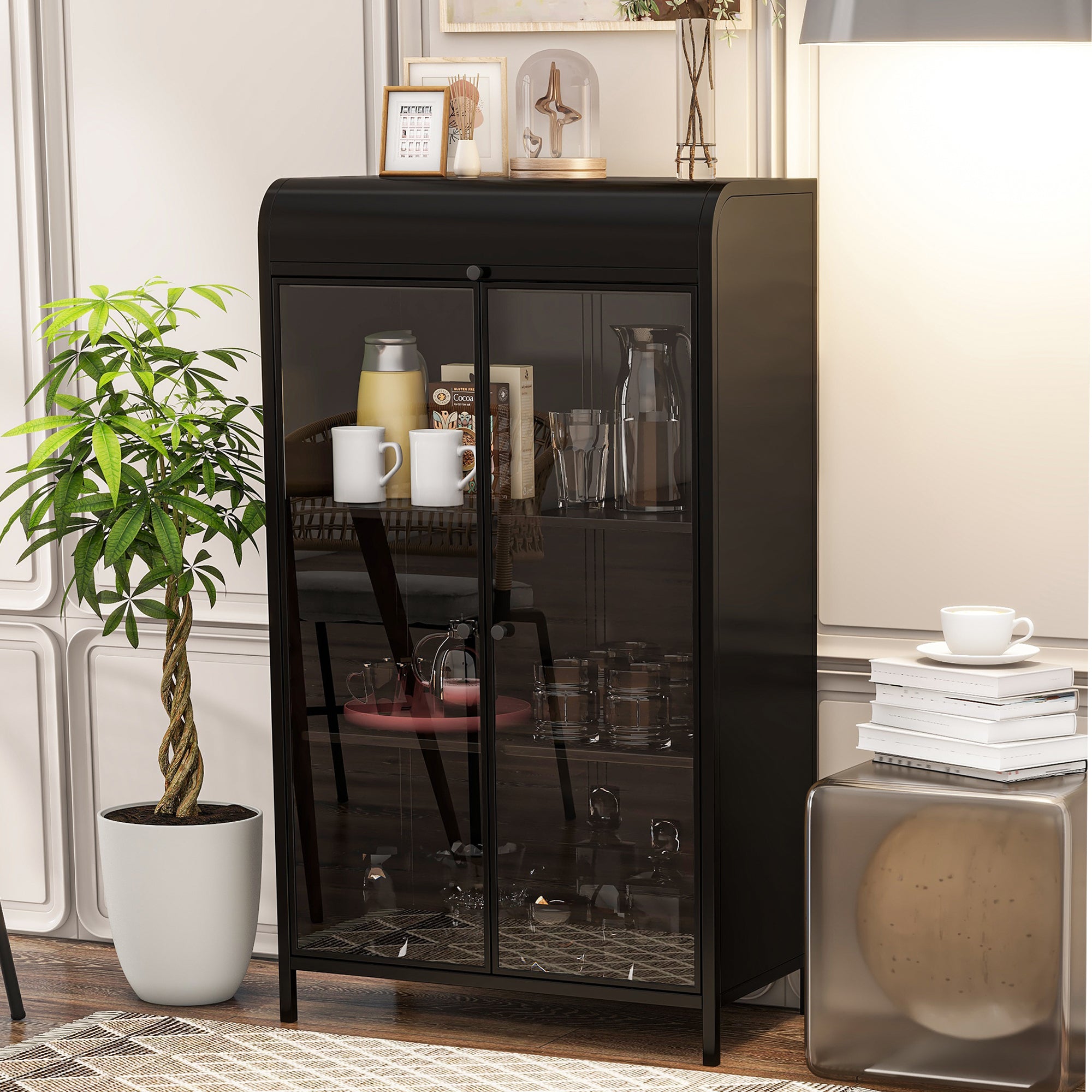 47.6' Tall Metal Storage Cabinet with Glass Doors & Flip-Top, 4-Tier Display Cabinet with Open Shelves, Freestanding Steel Sideboard Buffet for Kitchen, Living Room, Home Office, Dining Room, Bathroom