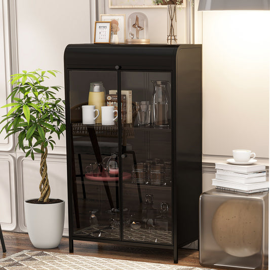 47.6' Tall Metal Storage Cabinet with Glass Doors & Flip-Top, 4-Tier Display Cabinet with Open Shelves, Freestanding Steel Sideboard Buffet for Kitchen, Living Room, Home Office, Dining Room, Bathroom