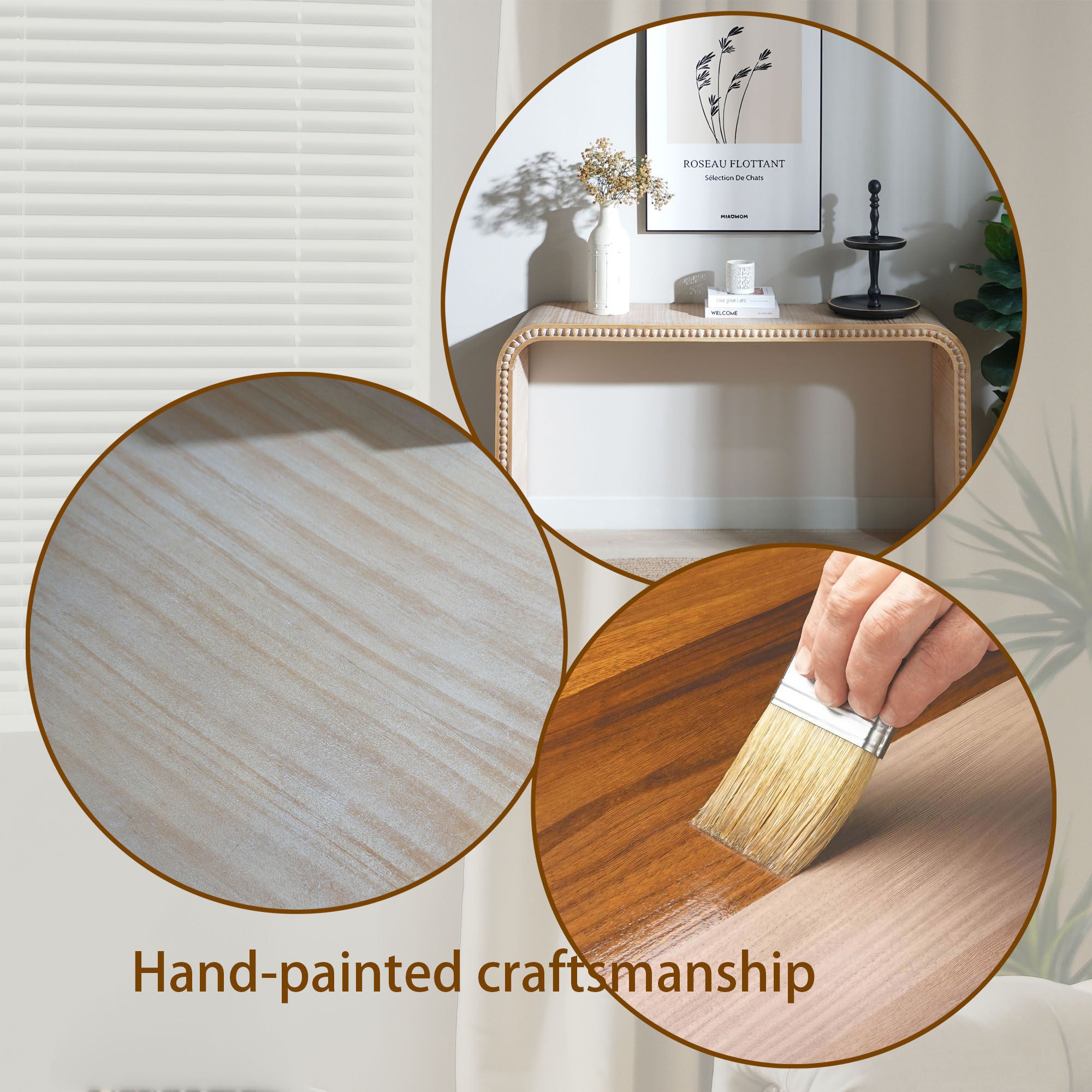 Natural wood Console Table, 59in Entryway Table, Curved Waterfall-style Table,Console table with wood beads,Entrance Table for Entryway, Hallway, Living Room, Foyer, Corridor, Office