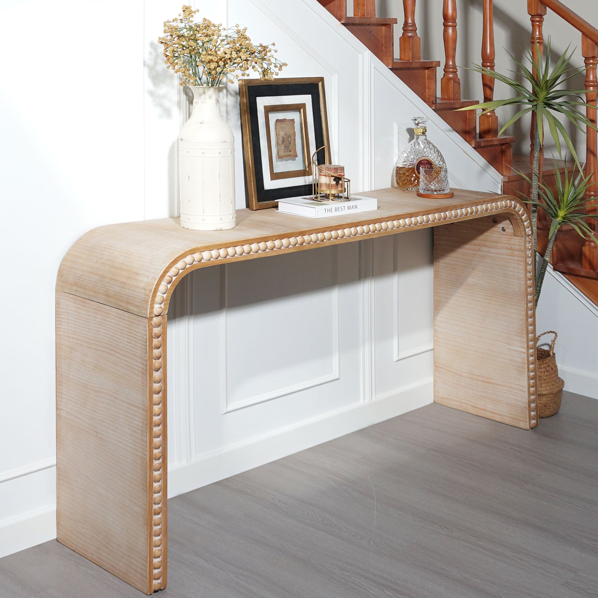 Natural wood Console Table, 59in Entryway Table, Curved Waterfall-style Table,Console table with wood beads,Entrance Table for Entryway, Hallway, Living Room, Foyer, Corridor, Office