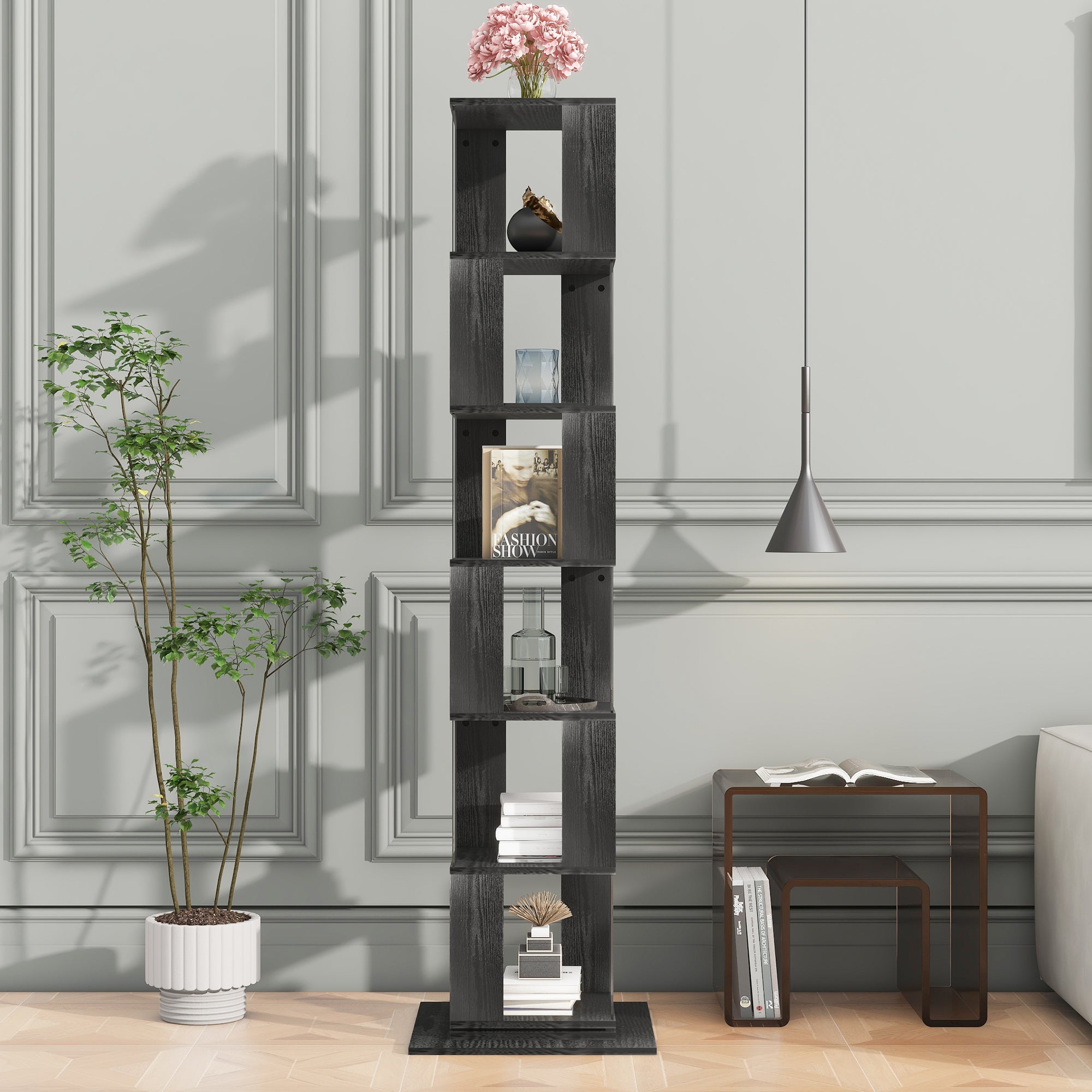 6 tier Rotating Bookshelf, Floor Rack Simple Bookcase with Acrylic plate Student Multi-Function Creative Bookshelf for Living Room with anti-toppling base