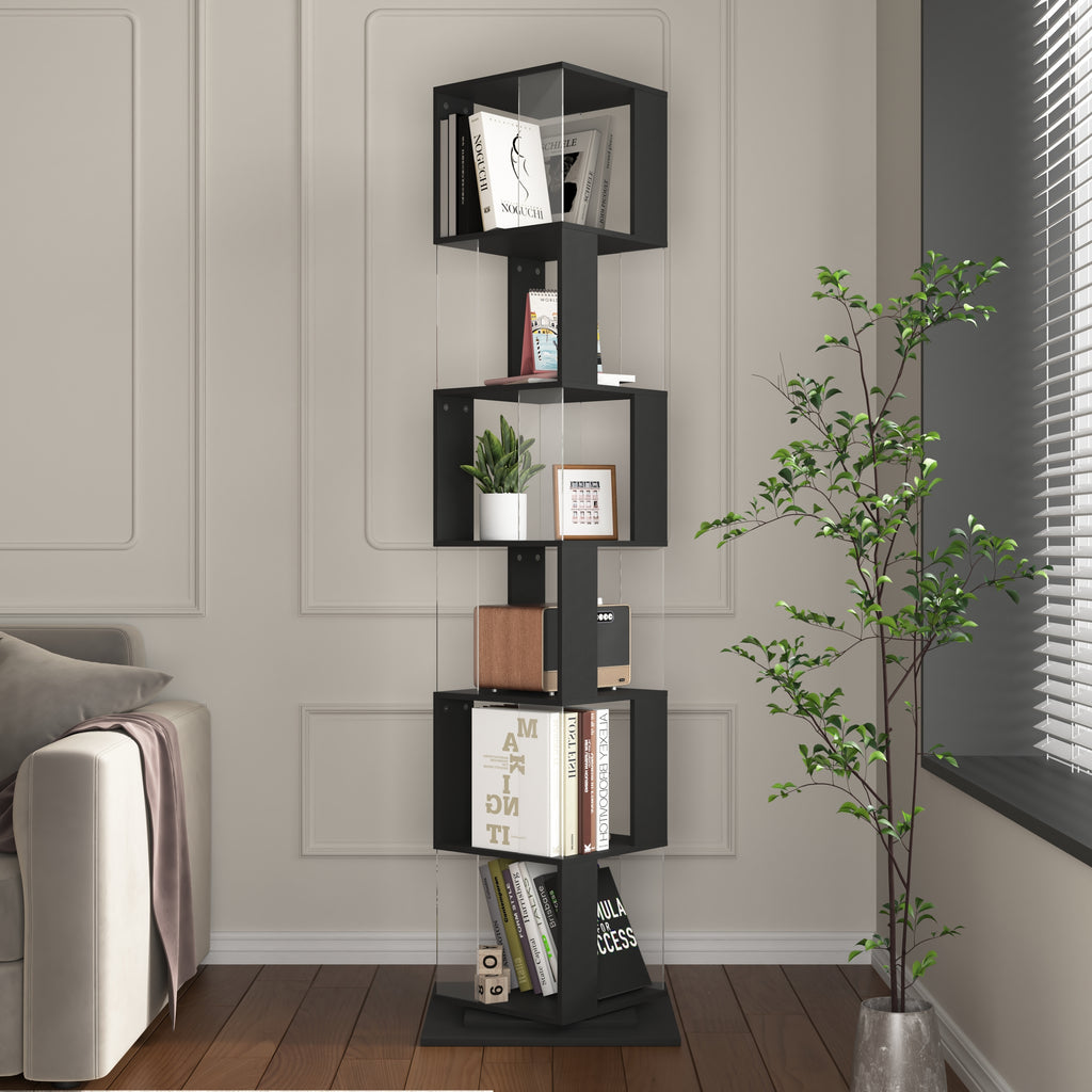 6 tier Rotating Bookshelf, Floor Rack Simple Bookcase with Acrylic plate Student Multi-Function Creative Bookshelf for Living Room with anti-toppling base