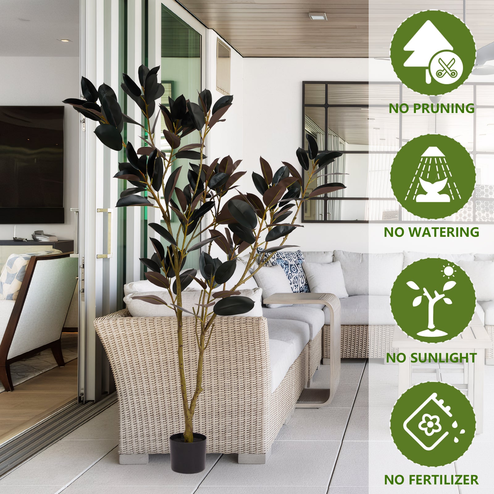 Artificial Rubber Tree, 6FT Tall Fake Plant for Indoor Home, Office, Living Room, Patio, or Porch Decoration, 1pc/set Faux Tree