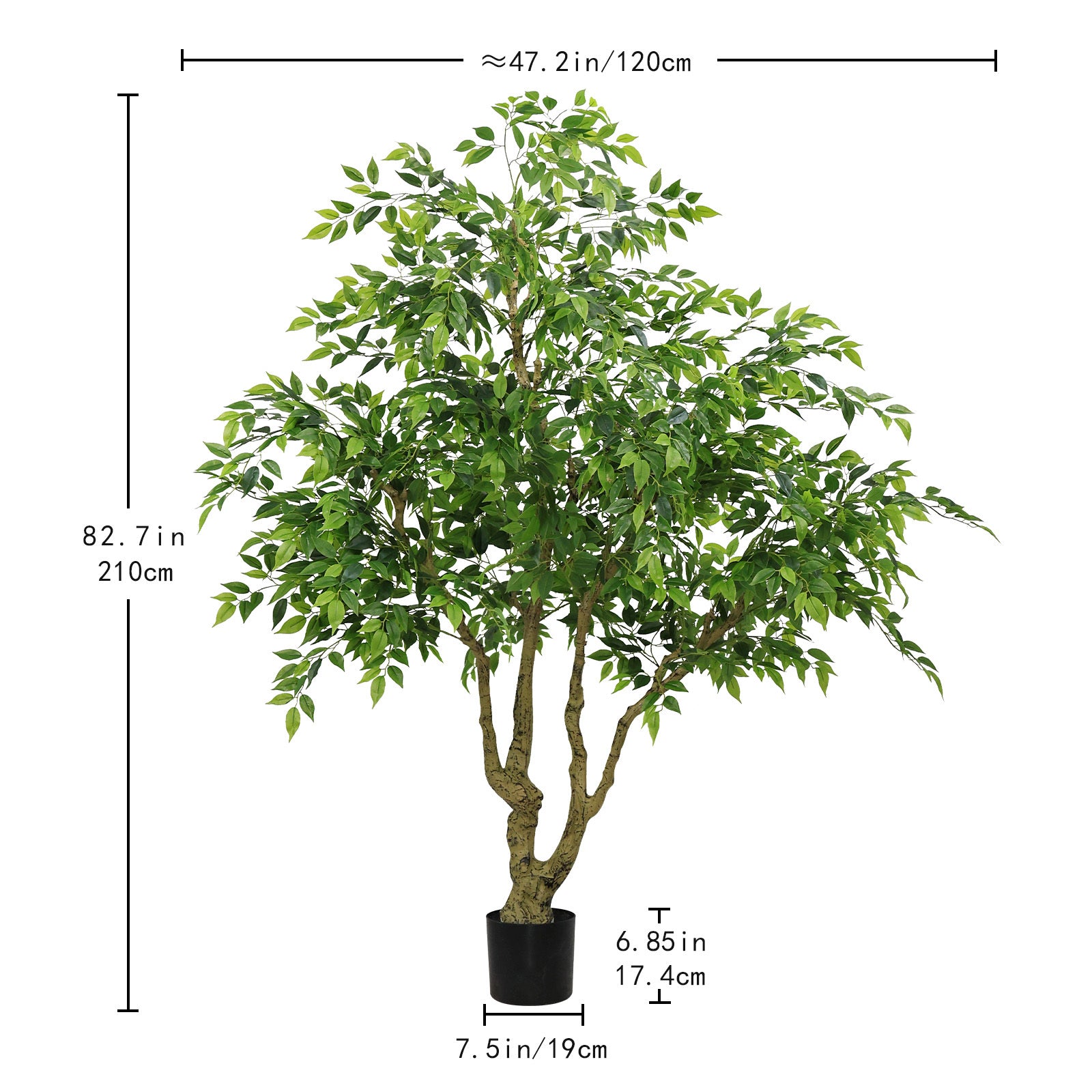 7FT tall artificial banyan tree with natural trunk and realistic silk leaves, large imitation potted green plant for indoor and outdoor home office decoration, 1pc/set