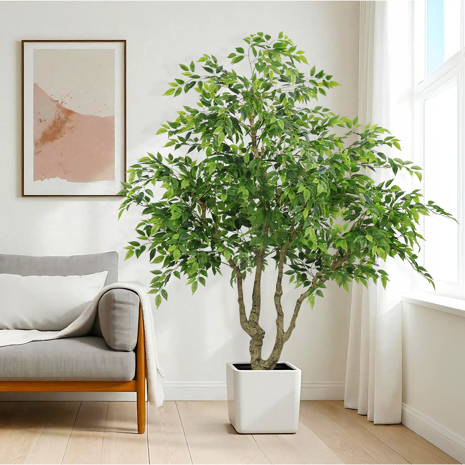 7FT tall artificial banyan tree with natural trunk and realistic silk leaves, large imitation potted green plant for indoor and outdoor home office decoration, 1pc/set