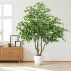 7FT tall artificial banyan tree with natural trunk and realistic silk leaves, large imitation potted green plant for indoor and outdoor home office decoration, 1pc/set