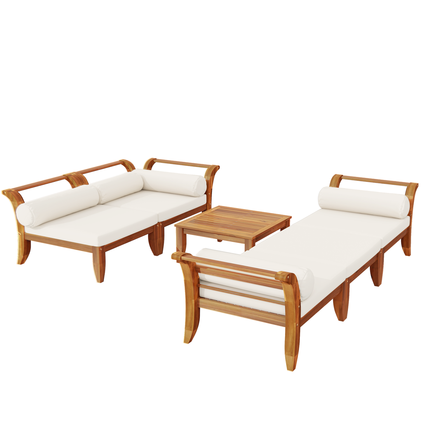 TOPMAX 6 Piece Patio Sofa Set, Acacia Wood Outdoor Modular Sectional Garden Furniture Set L-Shaped Conversation Set, Convertible Daybed with Tea Table, Ottoman, 5 Cushions and Pillows, Teak+Beige