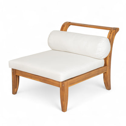 TOPMAX 6 Piece Patio Sofa Set, Acacia Wood Outdoor Modular Sectional Garden Furniture Set L-Shaped Conversation Set, Convertible Daybed with Tea Table, Ottoman, 5 Cushions and Pillows, Teak+Beige