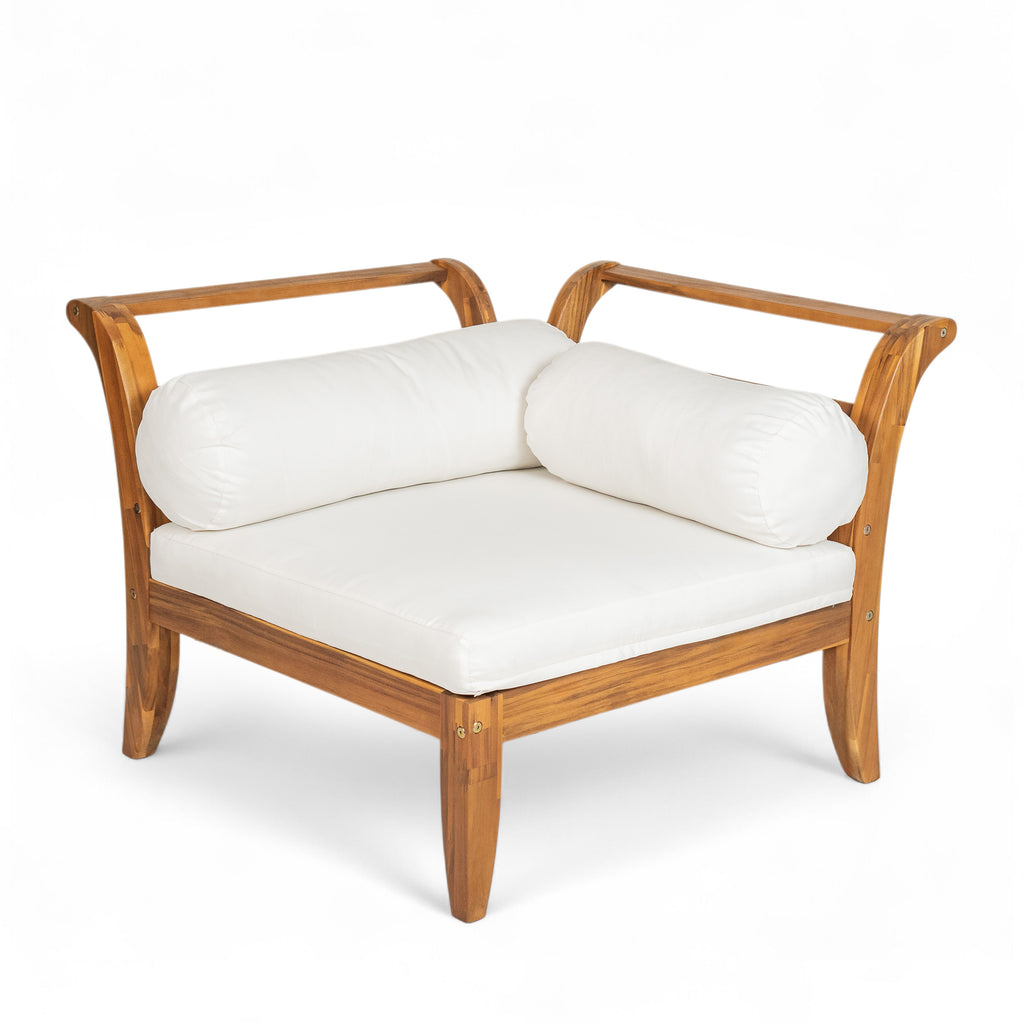 TOPMAX 6 Piece Patio Sofa Set, Acacia Wood Outdoor Modular Sectional Garden Furniture Set L-Shaped Conversation Set, Convertible Daybed with Tea Table, Ottoman, 5 Cushions and Pillows, Teak+Beige