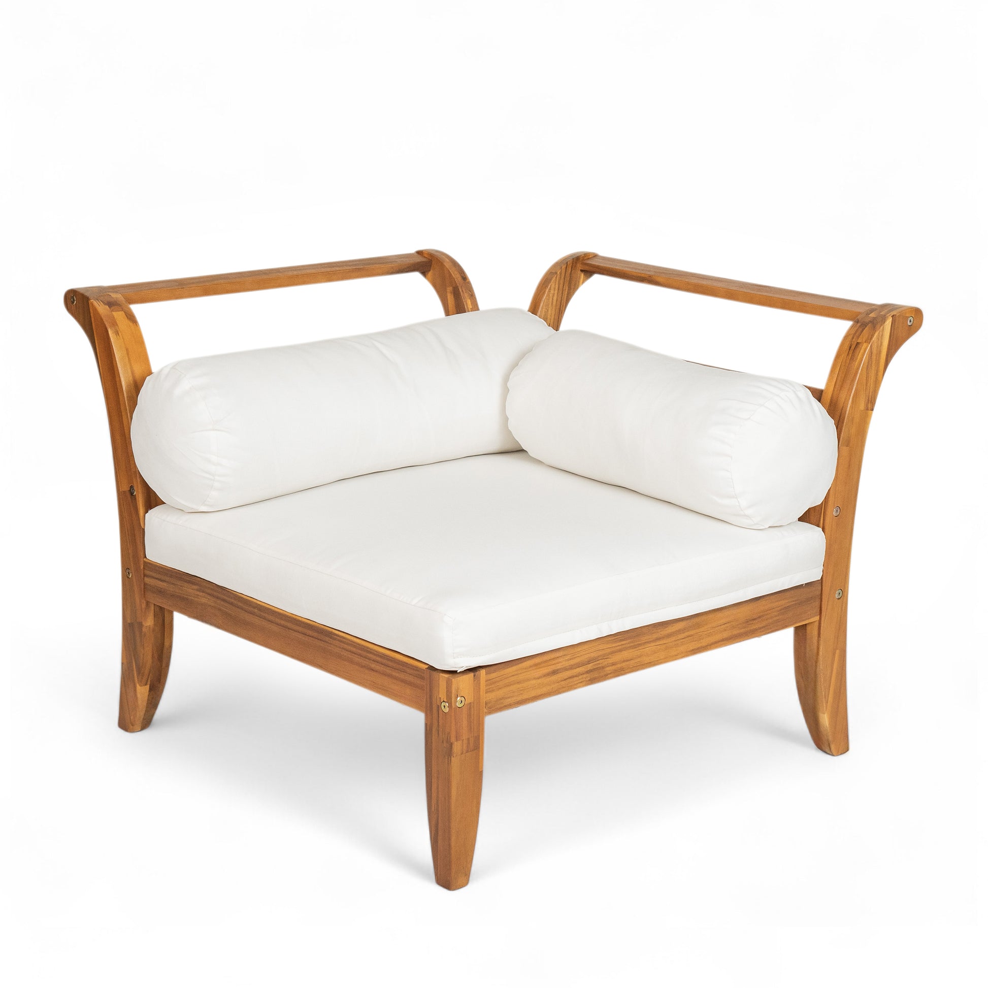 TOPMAX 6 Piece Patio Sofa Set, Acacia Wood Outdoor Modular Sectional Garden Furniture Set L-Shaped Conversation Set, Convertible Daybed with Tea Table, Ottoman, 5 Cushions and Pillows, Teak+Beige