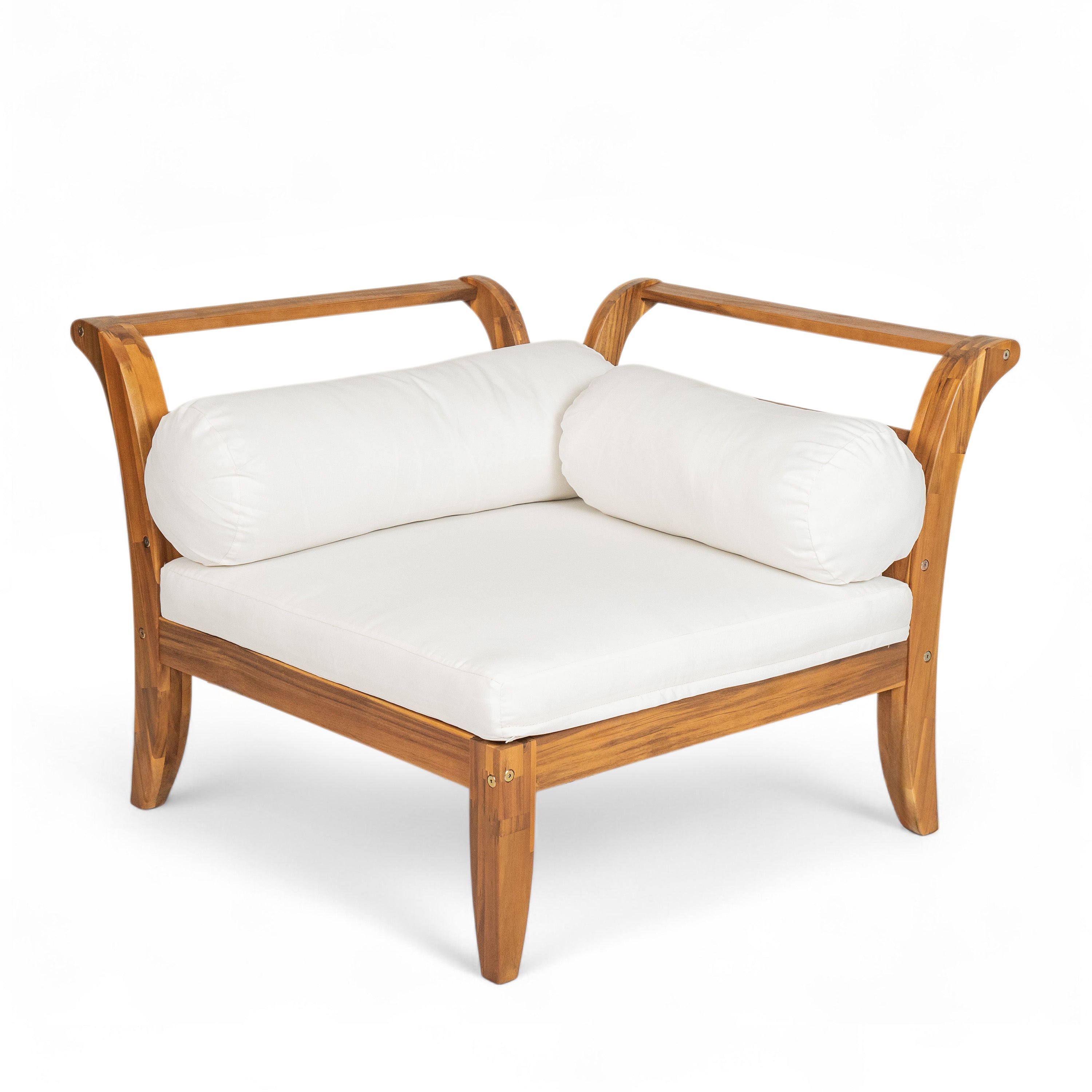 TOPMAX 6 Piece Patio Sofa Set, Acacia Wood Outdoor Modular Sectional Garden Furniture Set L-Shaped Conversation Set, Convertible Daybed with Tea Table, Ottoman, 5 Cushions and Pillows, Teak+Beige