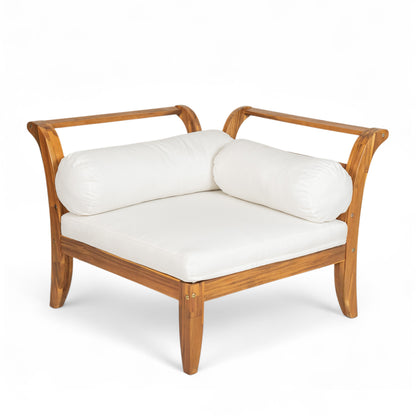 TOPMAX 6 Piece Patio Sofa Set, Acacia Wood Outdoor Modular Sectional Garden Furniture Set L-Shaped Conversation Set, Convertible Daybed with Tea Table, Ottoman, 5 Cushions and Pillows, Teak+Beige