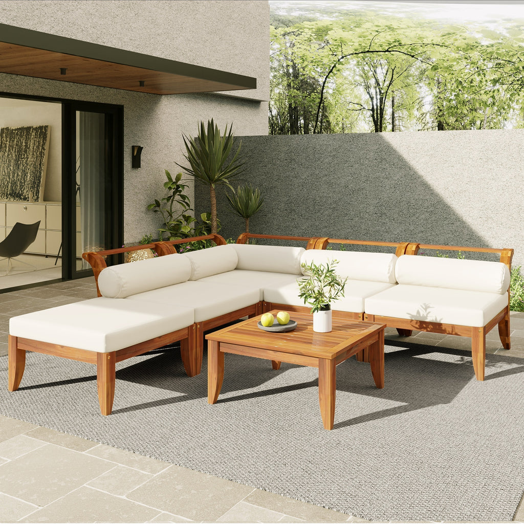 TOPMAX 6 Piece Patio Sofa Set, Acacia Wood Outdoor Modular Sectional Garden Furniture Set L-Shaped Conversation Set, Convertible Daybed with Tea Table, Ottoman, 5 Cushions and Pillows, Teak+Beige