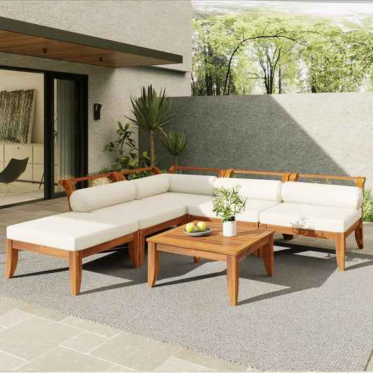 TOPMAX 6 Piece Patio Sofa Set, Acacia Wood Outdoor Modular Sectional Garden Furniture Set L-Shaped Conversation Set, Convertible Daybed with Tea Table, Ottoman, 5 Cushions and Pillows, Teak+Beige