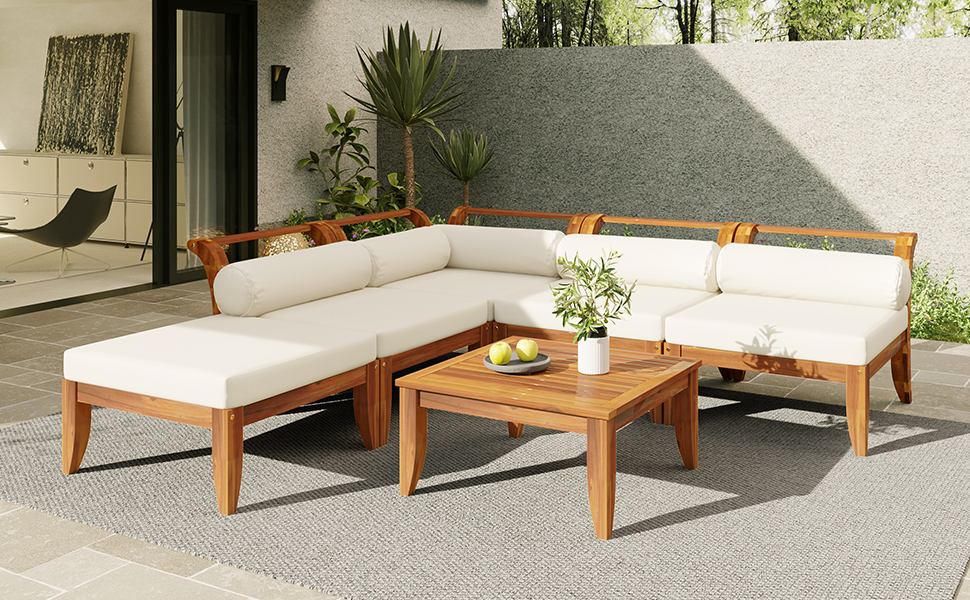 TOPMAX 6 Piece Patio Sofa Set, Acacia Wood Outdoor Modular Sectional Garden Furniture Set L-Shaped Conversation Set, Convertible Daybed with Tea Table, Ottoman, 5 Cushions and Pillows, Teak+Beige