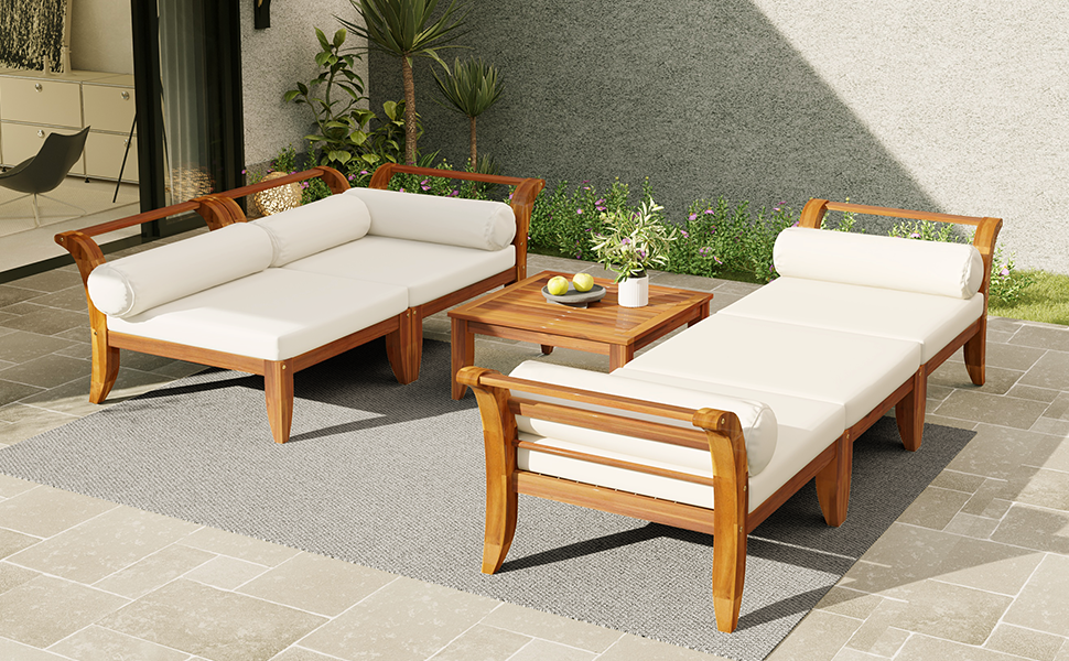 TOPMAX 6 Piece Patio Sofa Set, Acacia Wood Outdoor Modular Sectional Garden Furniture Set L-Shaped Conversation Set, Convertible Daybed with Tea Table, Ottoman, 5 Cushions and Pillows, Teak+Beige