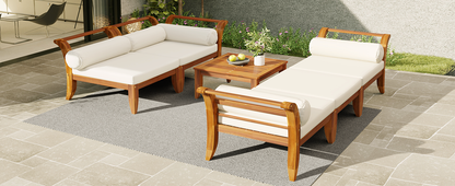 TOPMAX 6 Piece Patio Sofa Set, Acacia Wood Outdoor Modular Sectional Garden Furniture Set L-Shaped Conversation Set, Convertible Daybed with Tea Table, Ottoman, 5 Cushions and Pillows, Teak+Beige
