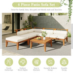 TOPMAX 6 Piece Patio Sofa Set, Acacia Wood Outdoor Modular Sectional Garden Furniture Set L-Shaped Conversation Set, Convertible Daybed with Tea Table, Ottoman, 5 Cushions and Pillows, Teak+Beige