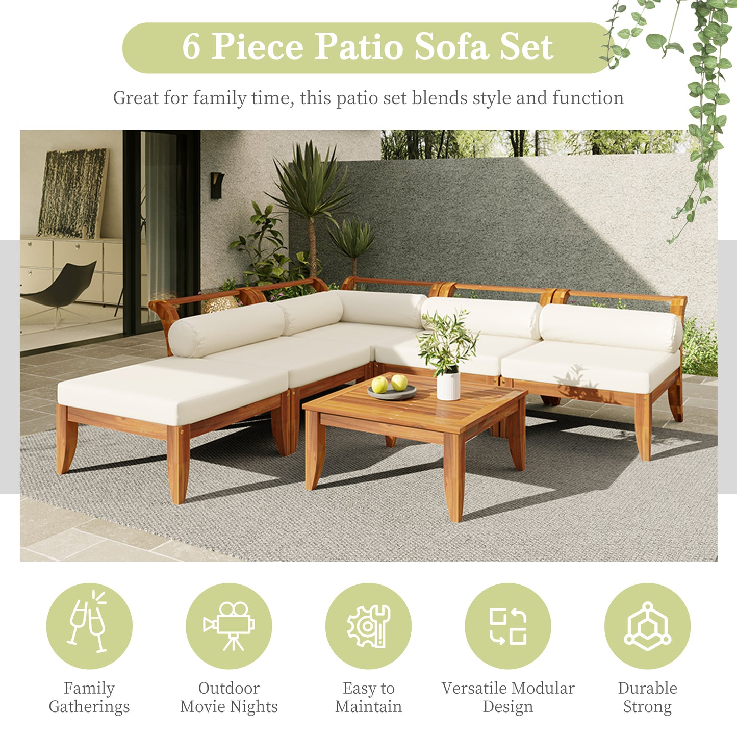 TOPMAX 6 Piece Patio Sofa Set, Acacia Wood Outdoor Modular Sectional Garden Furniture Set L-Shaped Conversation Set, Convertible Daybed with Tea Table, Ottoman, 5 Cushions and Pillows, Teak+Beige