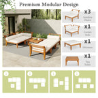 TOPMAX 6 Piece Patio Sofa Set, Acacia Wood Outdoor Modular Sectional Garden Furniture Set L-Shaped Conversation Set, Convertible Daybed with Tea Table, Ottoman, 5 Cushions and Pillows, Teak+Beige