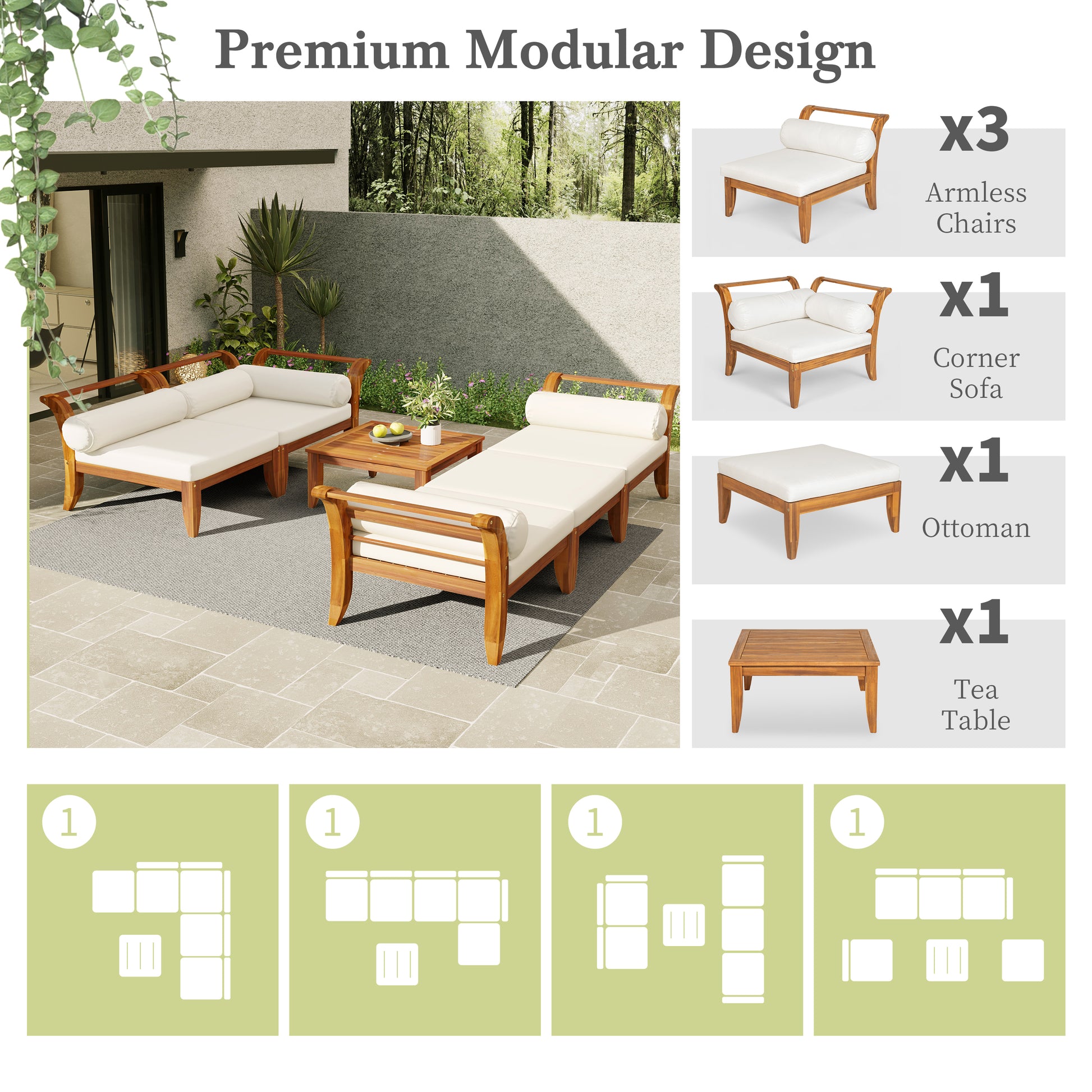 TOPMAX 6 Piece Patio Sofa Set, Acacia Wood Outdoor Modular Sectional Garden Furniture Set L-Shaped Conversation Set, Convertible Daybed with Tea Table, Ottoman, 5 Cushions and Pillows, Teak+Beige
