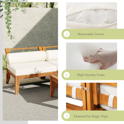 TOPMAX 6 Piece Patio Sofa Set, Acacia Wood Outdoor Modular Sectional Garden Furniture Set L-Shaped Conversation Set, Convertible Daybed with Tea Table, Ottoman, 5 Cushions and Pillows, Teak+Beige