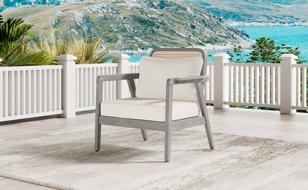 Outdoor Acacia Wood Patio Club Chair, Patio Furniture,Waterproof Thick Cushion Deep Seating for Porch, Garden, Backyard, Balcony, Weight Capacity 400lbs, Light Gray finish, Cream cushion
