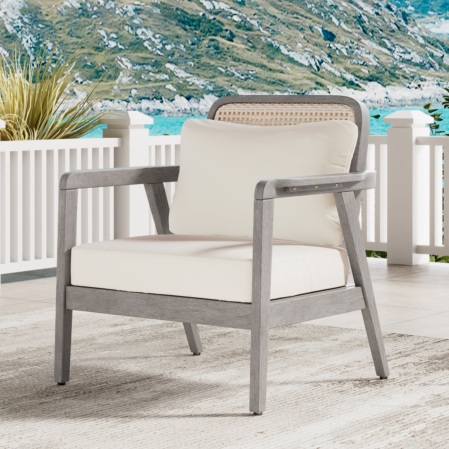 Outdoor Acacia Wood Patio Club Chair, Patio Furniture,Waterproof Thick Cushion Deep Seating for Porch, Garden, Backyard, Balcony, Weight Capacity 400lbs, Light Gray finish, Cream cushion