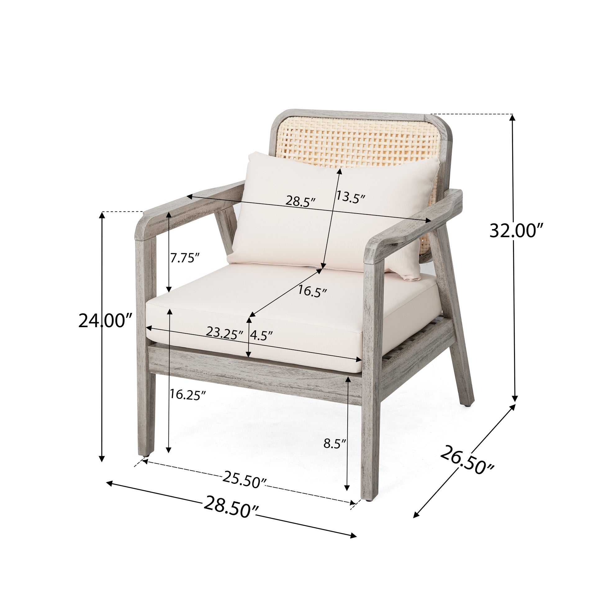 Outdoor Acacia Wood Patio Club Chair, Patio Furniture,Waterproof Thick Cushion Deep Seating for Porch, Garden, Backyard, Balcony, Weight Capacity 400lbs, Light Gray finish, Cream cushion