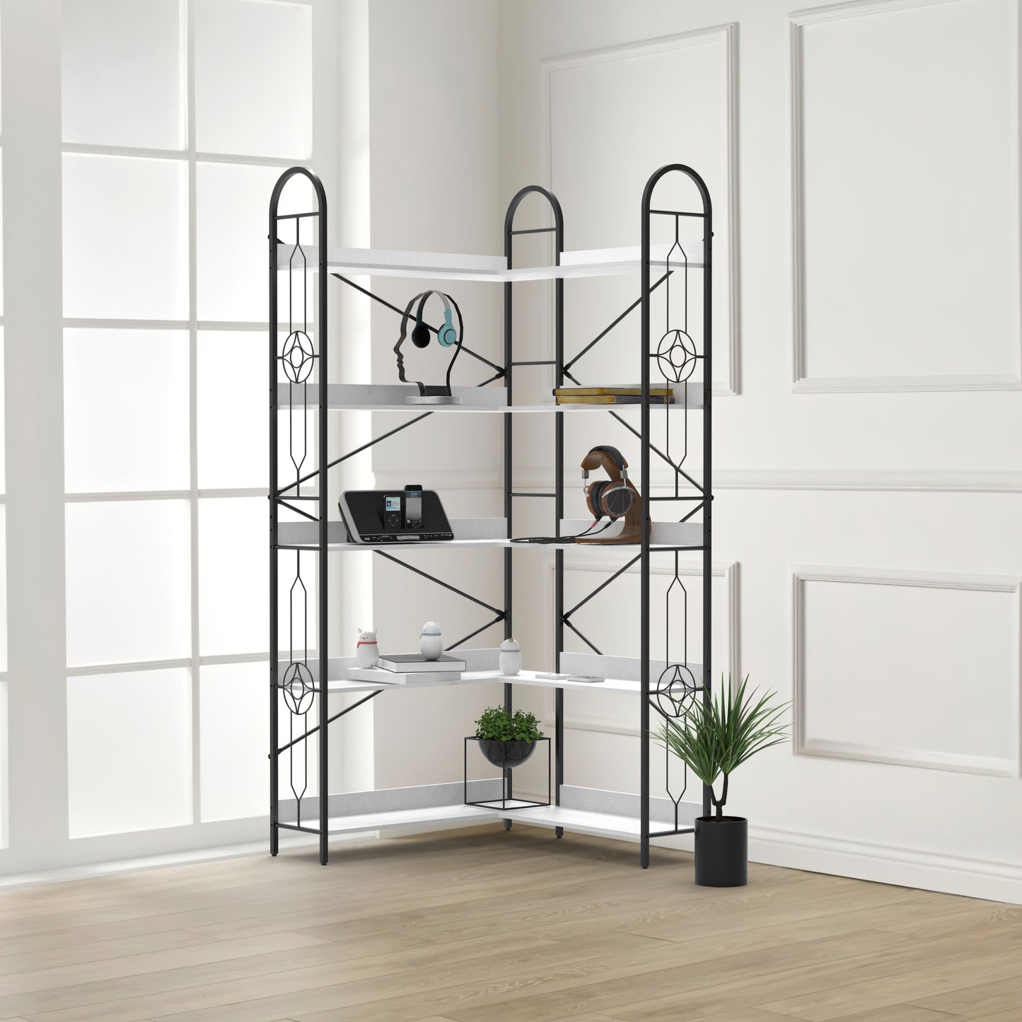 5 Tier Bookshelf, Industrial Style Corner Bookshelf, Thickened iron frame and thickened laminate composition, strong load-bearing capacity, can be used in the living room, bedroom, study.