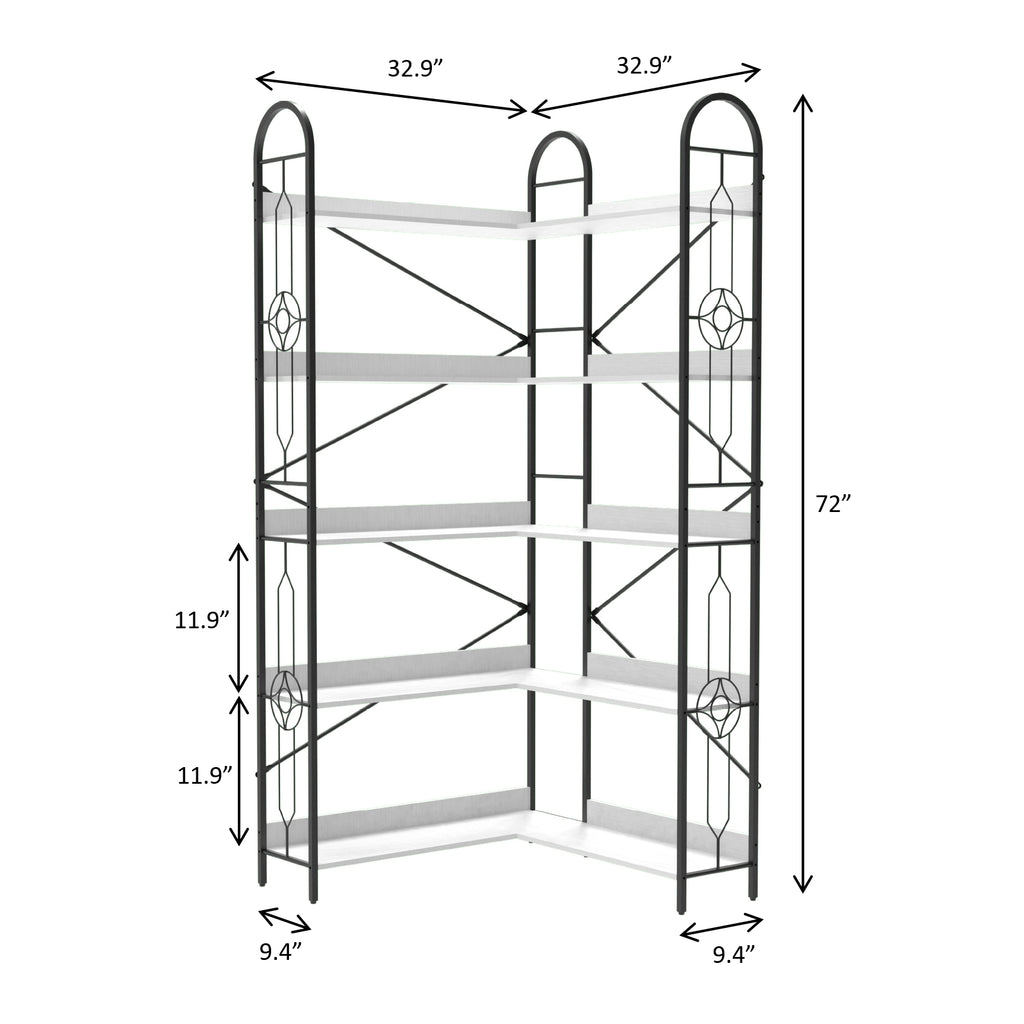 5 Tier Bookshelf, Industrial Style Corner Bookshelf, Thickened iron frame and thickened laminate composition, strong load-bearing capacity, can be used in the living room, bedroom, study.